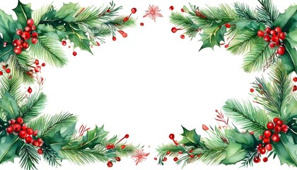 Watercolor New Year frame with Christmas tree branches and holly for a festive celebration. Generative AI