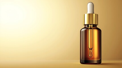 Naklejka premium A glass dropper bottle filled with oil, set against a golden background, symbolizing skincare or wellness.