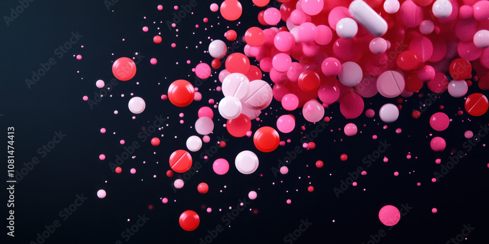 Poster colorful spheres in shades of pink and red scatter across a dark background, creating a dynamic and 