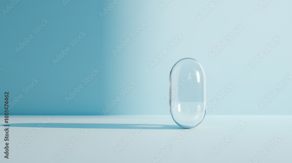 Poster a minimalistic scene featuring a transparent capsule against a soft blue background, creating a sere