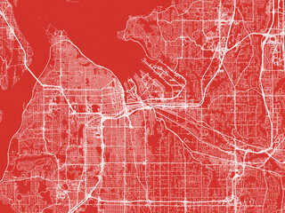 Christmas Map of Tacoma Washington, USA in Snowy White on Festive Red Background.