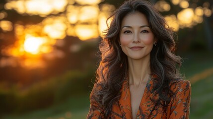 Naklejka premium A confident woman stands in a sunlit park during golden hour, showcasing her elegant style and serene expression amidst an enchanting sunset backdrop