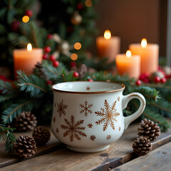 Fototapeta premium A cozy holiday setting with a snowflake mug surrounded by pinecones and candles, photograph of still life concept.