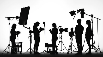 Silhouette people working in studio with equipment and lighting for making movie or commercial