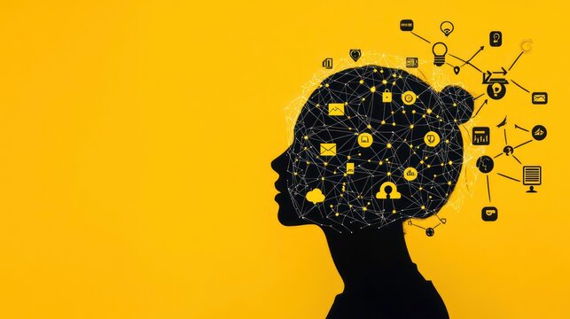 A silhouette of a woman's head with a network of icons and lines representing her thoughts and ideas, on a yellow background.