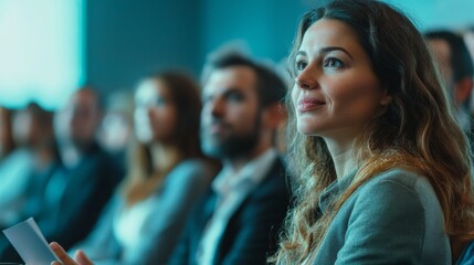 Fototapeta premium A woman engaging in a professional conference discussion while listening attentively to a speaker during a morning session