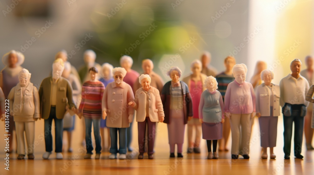 Poster a group of 3d representations of diverse age groups against a softly blurred retirement community, c