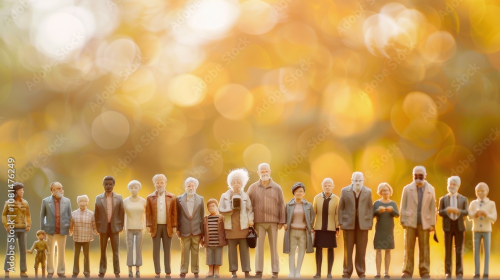 Poster a group of 3d representations of diverse age groups against a softly blurred retirement community, c