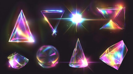 A collection of eight iridescent geometric shapes with bright light reflections on a black background.