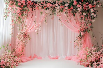 Pink floral backdrop with pink curtains and flowers, pink floor, white background