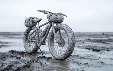 Obraz premium An ultra-realistic photo of an all-stone bike, with a small backpack on the handlebar, standing in wet sand and mud. 