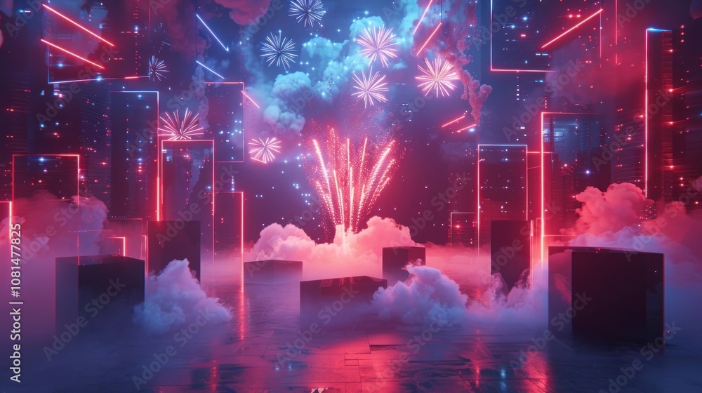 Poster a futuristic cityscape with red neon lights and fireworks exploding in the sky.