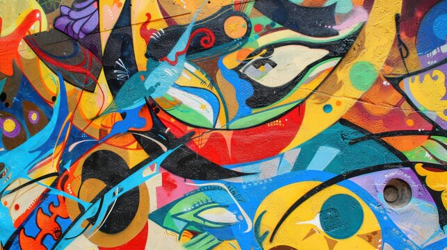 A kaleidoscope of artistic expressions from different cultures on city walls, Illustrating the vibrancy and diversity of urban street art, photography style