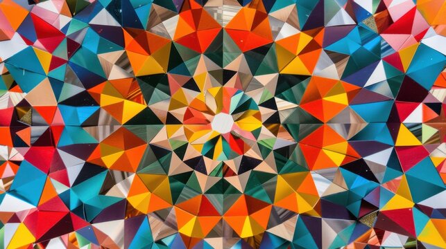 A kaleidoscope of geometric shapes in bright colors forming a unified pattern, Reflecting cultural diversity, photography style