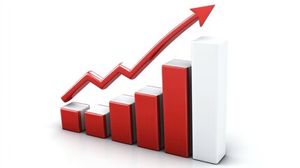 A red arrow pointing upwards, indicating growth and success, is graphed on a bar chart that shows an upward trend.