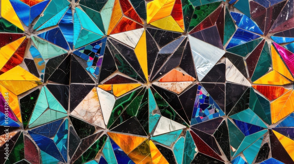 Poster A kaleidoscope pattern of overlapping geometric shapes in various colors, illustrating the intricate interplay and beauty of diversity in society, photography style