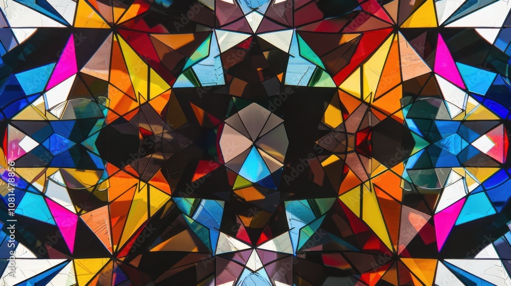 Poster A kaleidoscope pattern of overlapping geometric shapes in various hues, Illustrating the intricate interplay and beauty of diversity in society, photography style