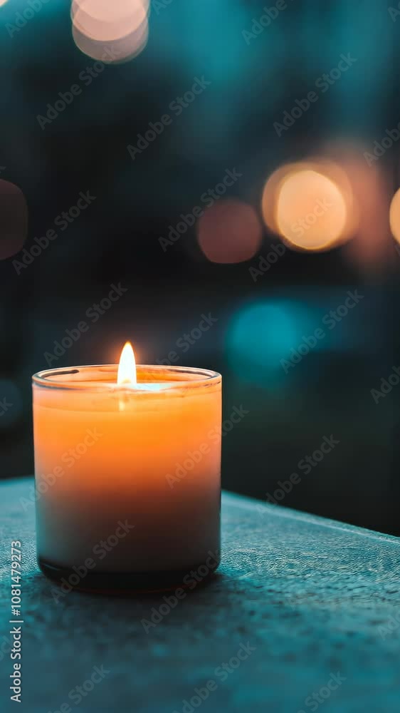 Poster lit candle with bokeh background on a