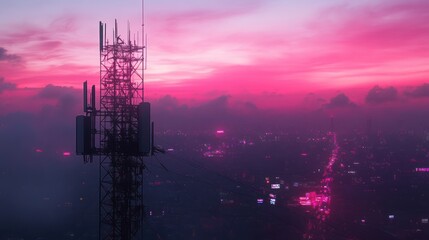Naklejka premium Pink Sunset Cityscape with Cell Tower
