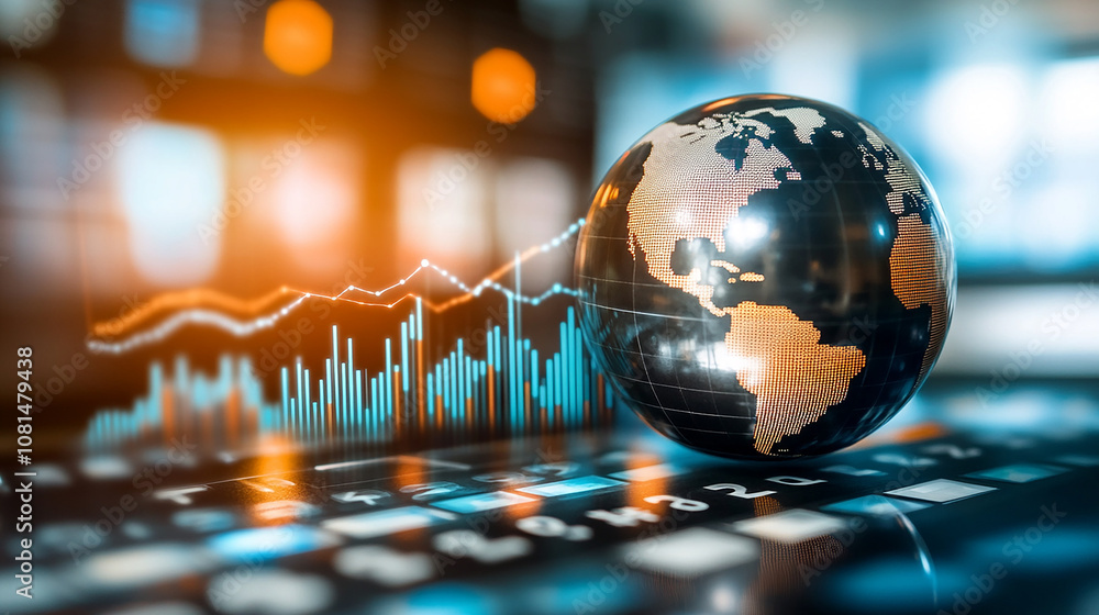 Poster a metallic globe sits on a tablet with a line graph in the background, representing global business 