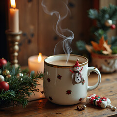 A cozy winter scene featuring a mug of hot beverage, smoky tendrils, and festive decor for a charming seasonal feel, photography of still life concept.
