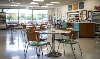 Empty diner with retro chairs and tables, stainless steel counter, and large windows.