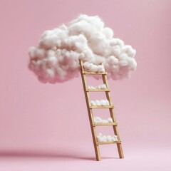 A ladder leaning against the cloud, made of cotton wool and gold on a pink background, minimal overlook 