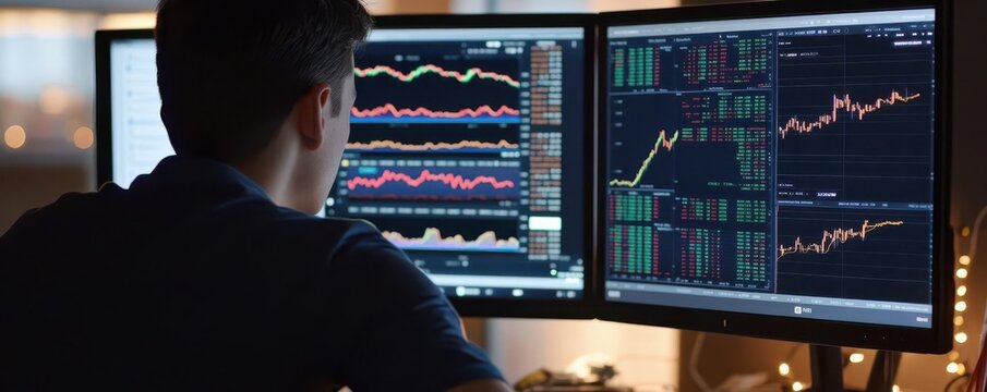 Cryptocurrency Inflation, A young investor reviewing inflation data on one screen while tracking cryptocurrency prices on another
