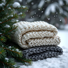 Warm and inviting knitted blankets stacked amidst a snowy winter landscape with evergreen boughs, photography of still life concept.