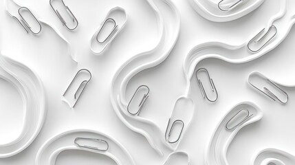 Abstract white background with scattered paper clips.