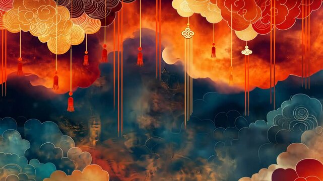 Stylized clouds and hanging ornaments in warm tones. Asian-inspired digital art for cultural themes and decorative designs with copy space.