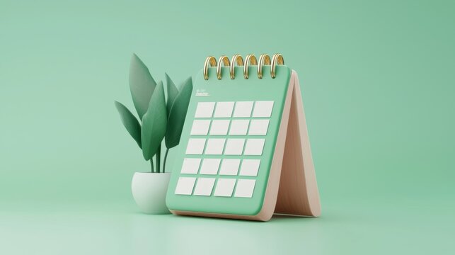 salary annual. A minimalist desk calendar set against a pastel green backdrop, complemented by a small potted plant, creating a serene workspace vibe.