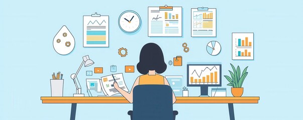 salary annual. A person working at a desk surrounded by charts, graphs, and notes, illustrating productivity and data analysis in a modern office setting.