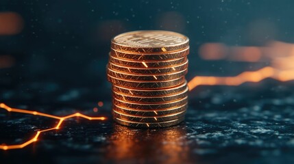 Stacked golden coins with electric icons representing the financial returns and profits from investing in power shares or energy efficient technology  Concept of successful lucrative