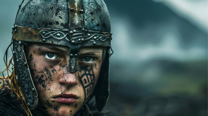 portrait of a 20-year-old Viking warrior, gazing intensely ahead with a look of youthful determination and quiet strength. He wears a traditional Viking helm without horns