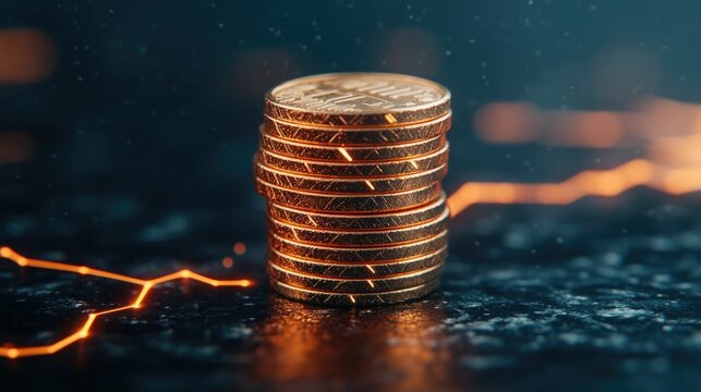 Stacked golden coins with electric icons representing the financial returns and profits from investing in power shares or energy efficient technology  Concept of successful lucrative