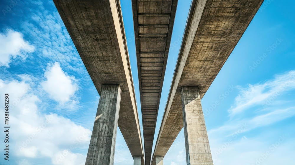 Poster a low angle view of a concrete overpass with three levels against a bright blue sky with white cloud