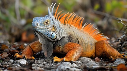 Obraz premium A close-up of a vibrant orange and blue iguana with a spiky crest. The iguana is sitting on a rocky surface with green foliage in the background.