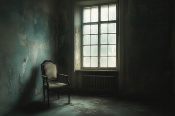 Exploring abandoned spaces a solitary chair by the window in a deteriorating room atmospheric interior dark and dusty environment captured from a ground-level angle evoking feelings of isolation