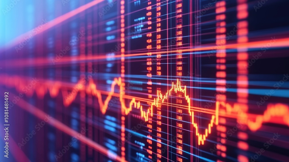 Poster futuristic visualization of a digital network of power lines and financial data illustrating the con
