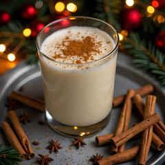 A creamy beverage topped with cinnamon on a silver plate surrounded by christmas decor, photography of still life concept.