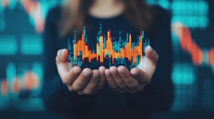 Hands Holding Digital Power Icons with Data Overlay Depicting Financial Growth and Investor Success  The image showcases a person s hands displaying a digital interface with market data charts