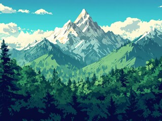 A serene mountain landscape with lush forests and clear skies, evoking tranquility and nature.