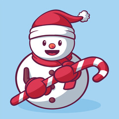 Christmas snowman bring a candy cane cartoon hand drawn illustration