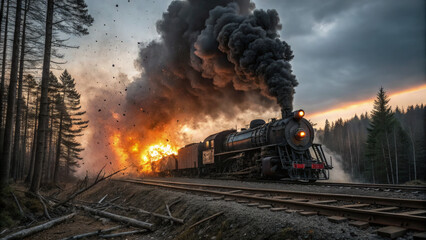 Exploding Steam Locomotive on Rural Track, Flames, Debris, Forest, in Eerie Sunset & Stormy Chaos.