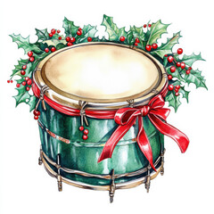 festive green drum adorned with holly and red ribbon, perfect for holiday celebrations