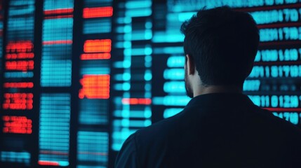 Investor carefully calculating and assessing the risks associated with fuel equity on a futuristic high tech digital dashboard and screen  Financial data analysis and investment strategy concept