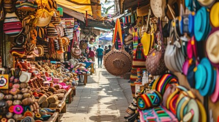 Fototapeta premium A marketplace buzzing with vendors from different cultural backgrounds trading traditional crafts, Illustrating economic diversity and cultural exchange, photography style