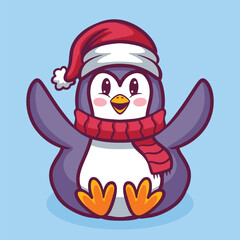 Cute christmas penguin cartoon hand drawn illustration