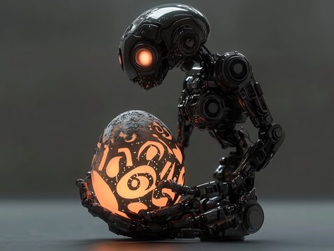 Robotic Creature Inspecting Glowing Alien Egg in Futuristic Sci-Fi Setting